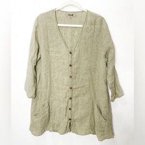 Flax 100% Linen Long Sleeve Button Down Shirt Lagenlook Relaxed Large 3/4 Sleeve